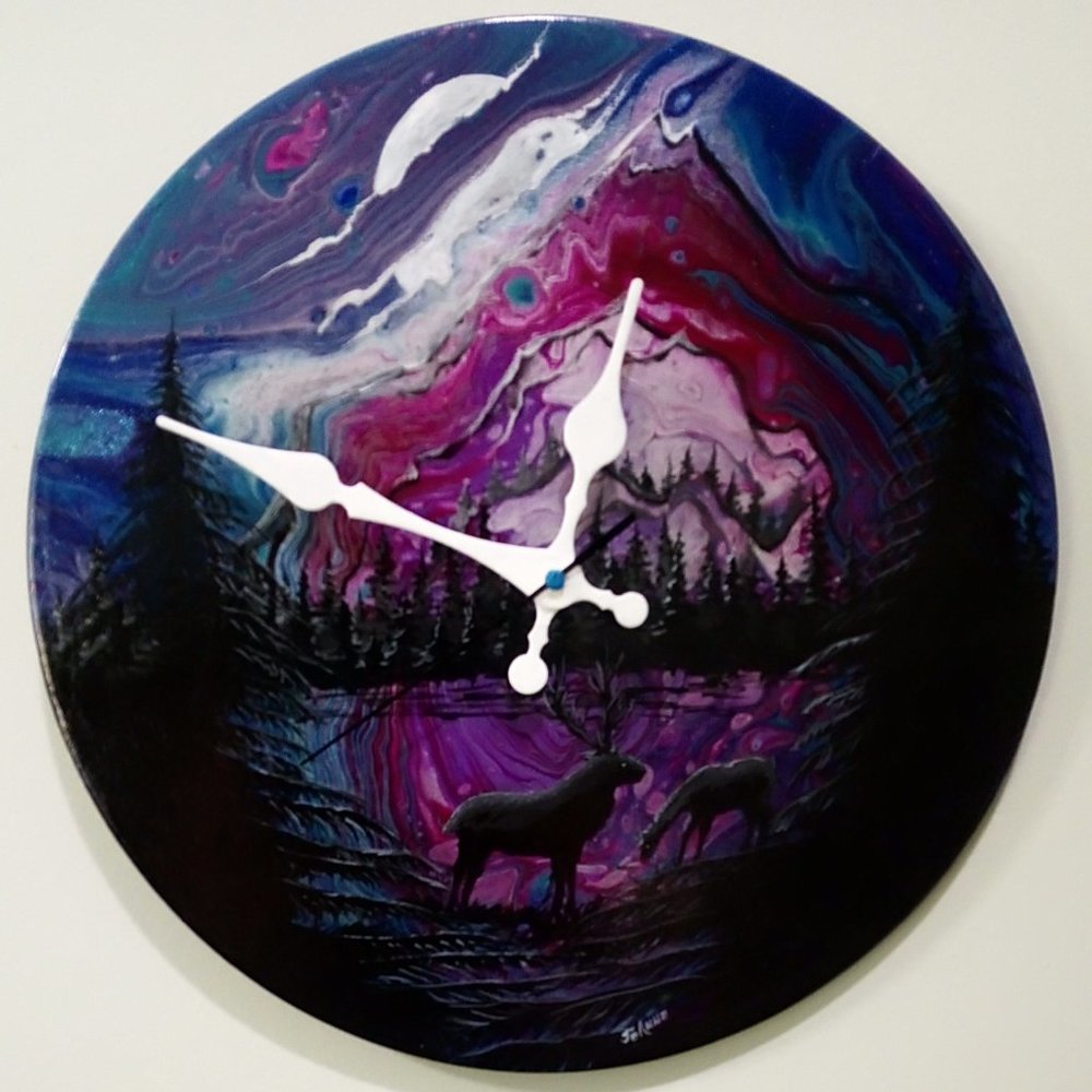 Hand Crafted Deer Silhouette Mountain Clock Original Painting Wall Art Essential